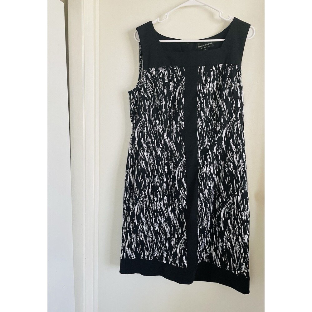 Connected Apparel Abstract Shift Dress Black White Sleeveless Round Neck Zip 14